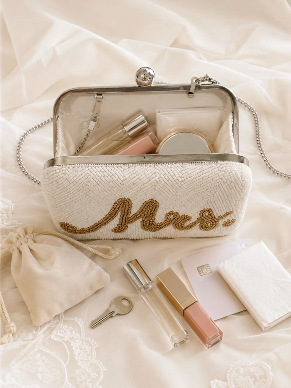 Mrs Beaded Bridal Clutch Bag Kiss Lock Chain Strap Ivory Champagne Gold - Picture 4 of 10